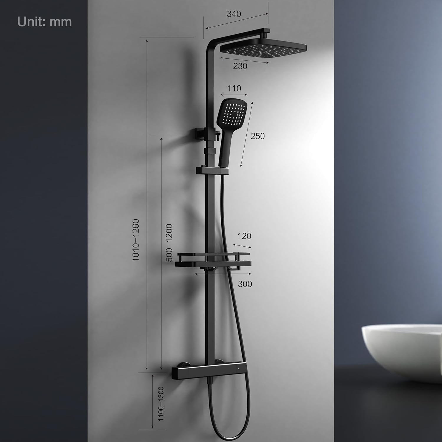 HOMELODY Shower System with Thermostat and Shower Shelf, Black, Shower Fitting, Height Adjustable, 38 °C Safety Lock