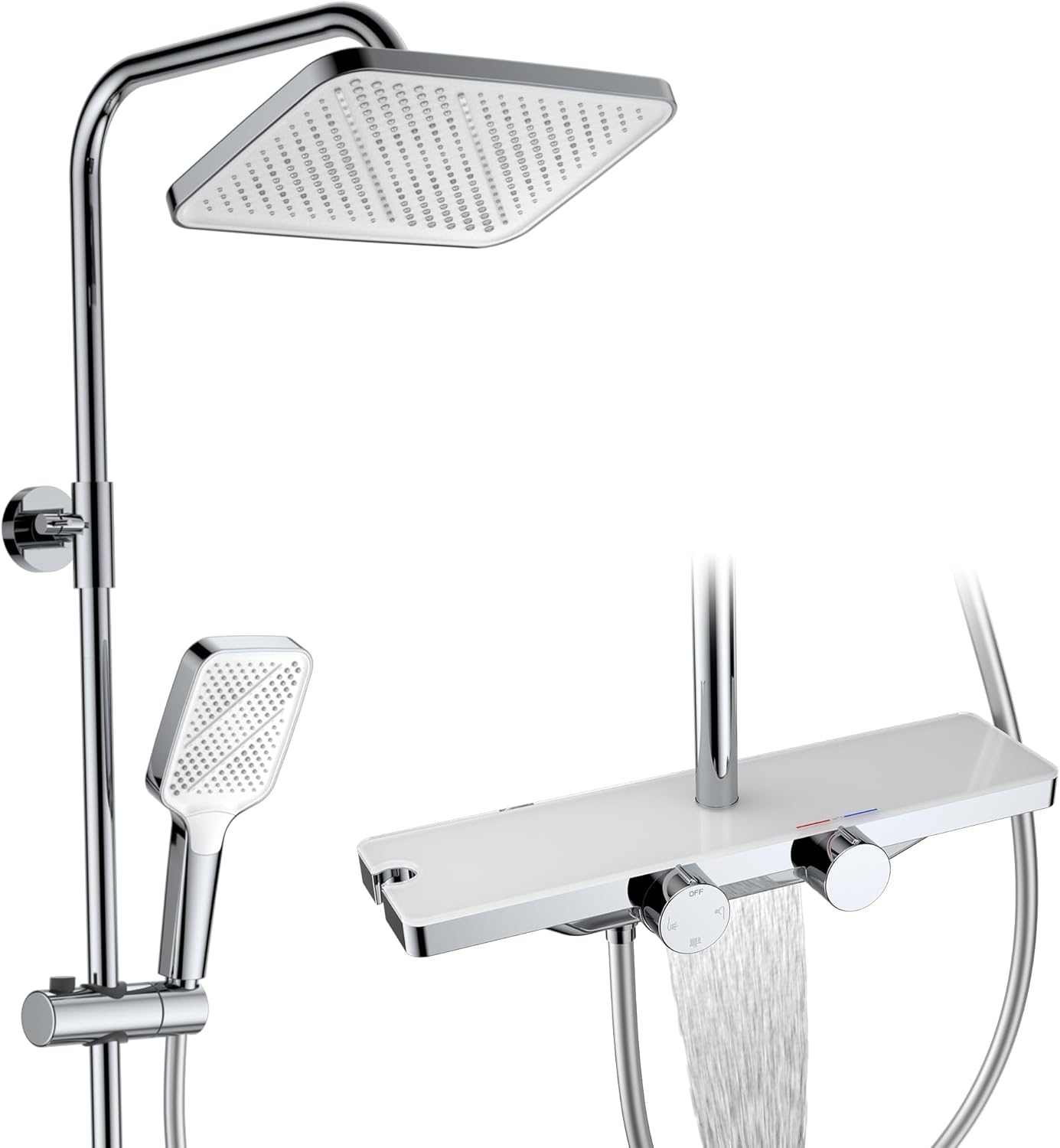 HOMELODY Shower System with Thermostat and Glass Shelf Chrome - Shower Fitting Complete Set with 30 cm, Hand Shower 3 Jet Types and Lower Spout