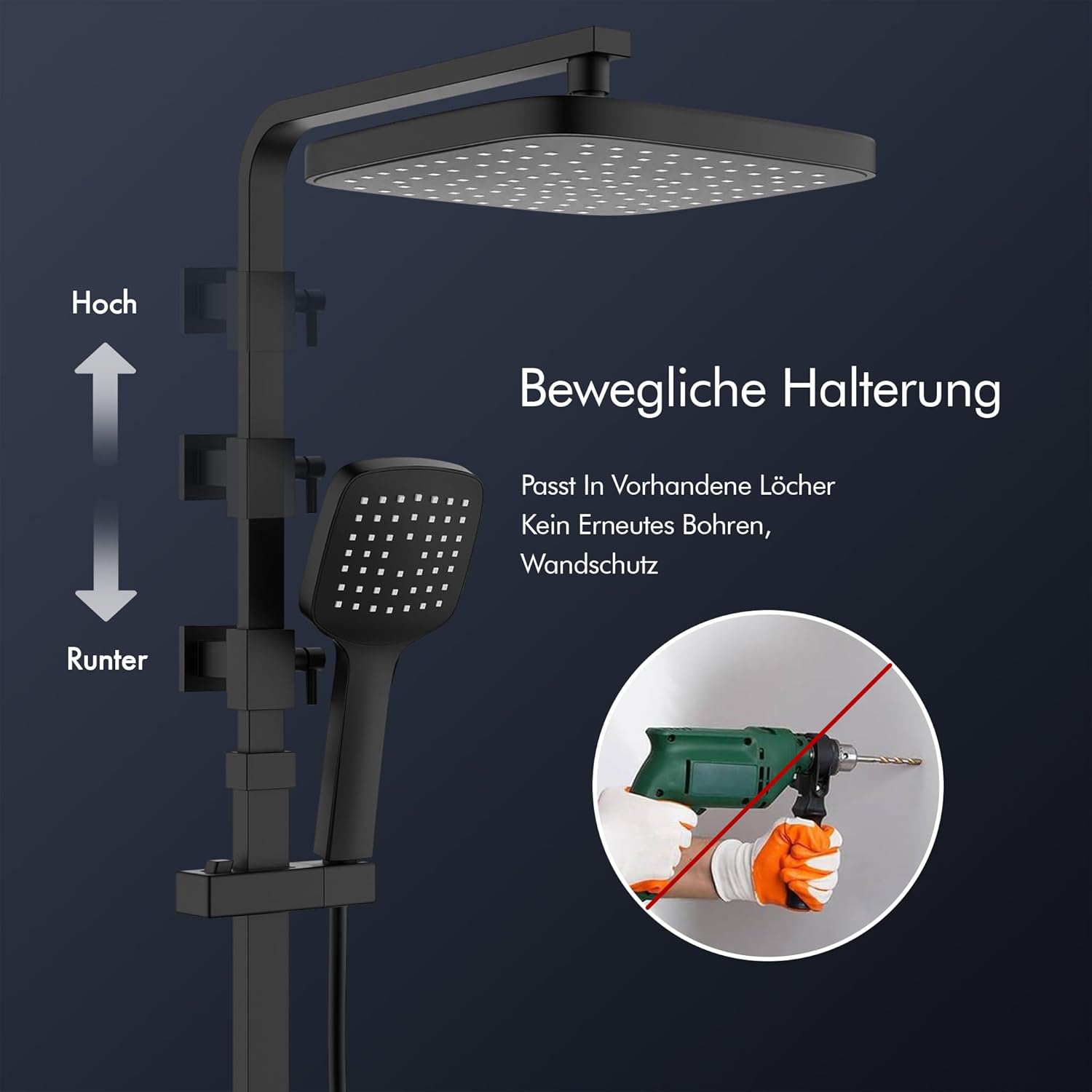 HOMELODY Shower System with Thermostat and Shower Shelf, Black, Shower Fitting, Height Adjustable, 38 °C Safety Lock