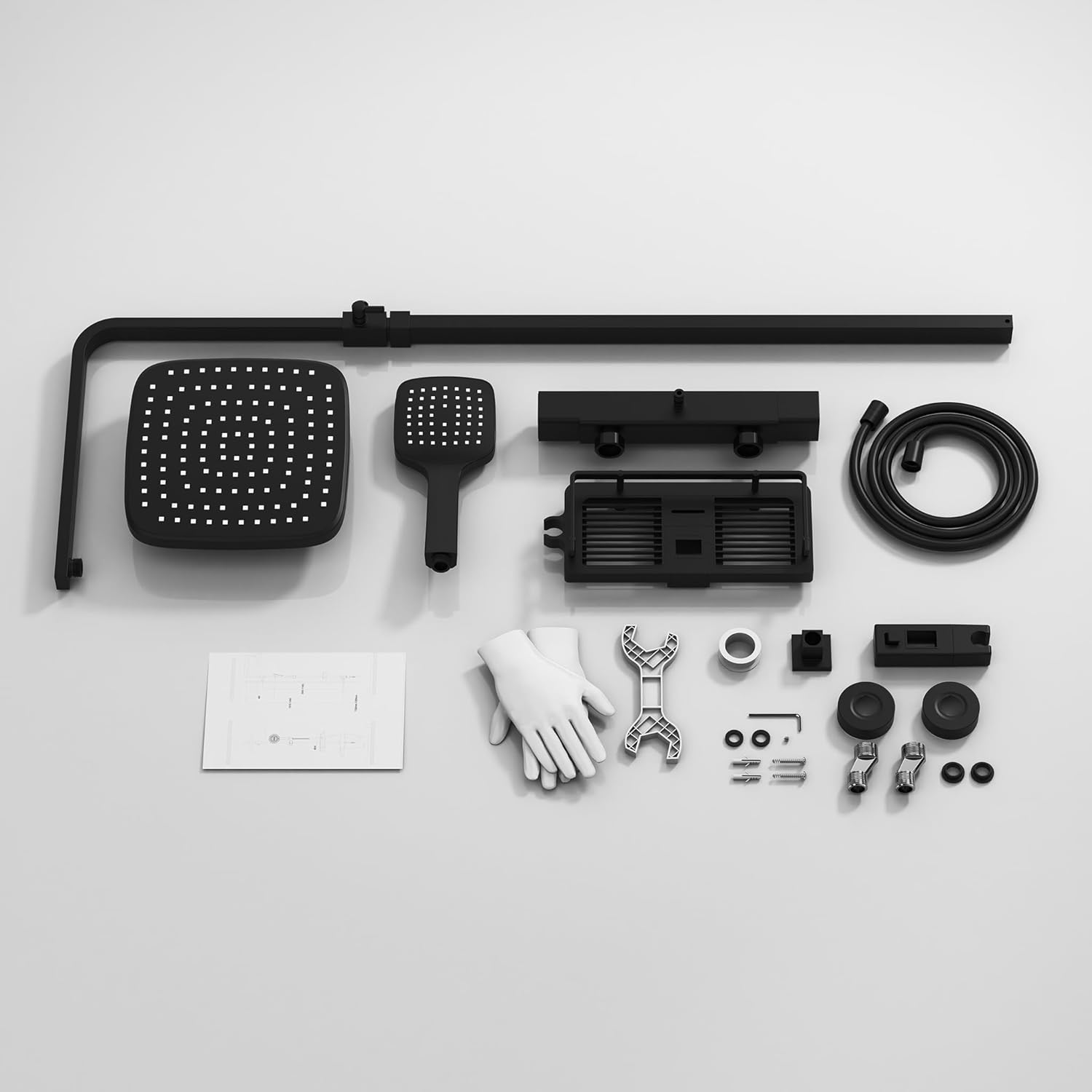 HOMELODY Shower System with Thermostat and Shower Shelf, Black, Shower Fitting, Height Adjustable, 38 °C Safety Lock