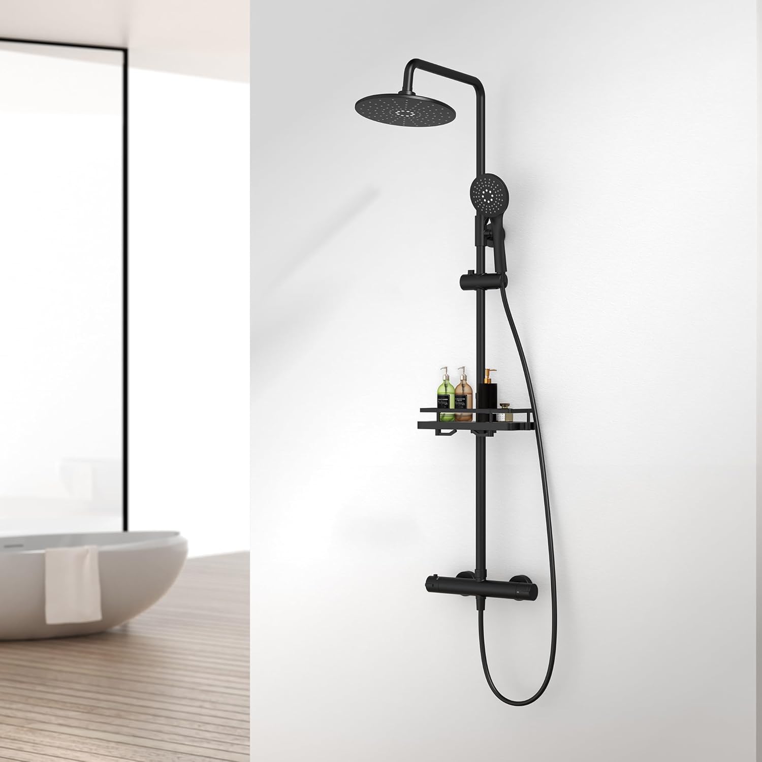 HOMELODY Shower System with Thermostat Black Shower Fitting Complete Set Round