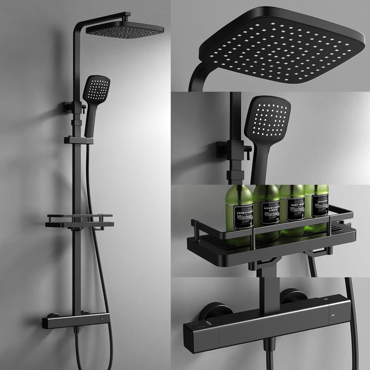 HOMELODY Shower System with Thermostat and Shower Shelf, Black, Shower Fitting, Height Adjustable, 38 °C Safety Lock