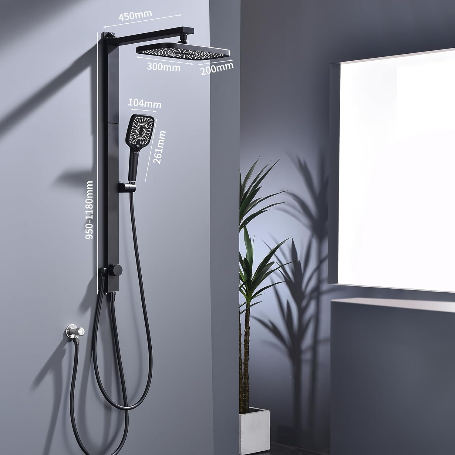 HOMELODY Rain Shower System without Fittings, Black Hand Shower with 3 Functions, Large Square Shower Head, Rainforest Shower, Height Adjustable Shower Rail from 950-1180 mm