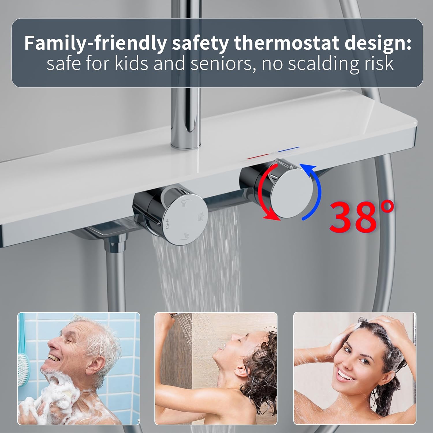 HOMELODY Shower System with Thermostat and Glass Shelf Chrome - Shower Fitting Complete Set with 30 cm, Hand Shower 3 Jet Types and Lower Spout