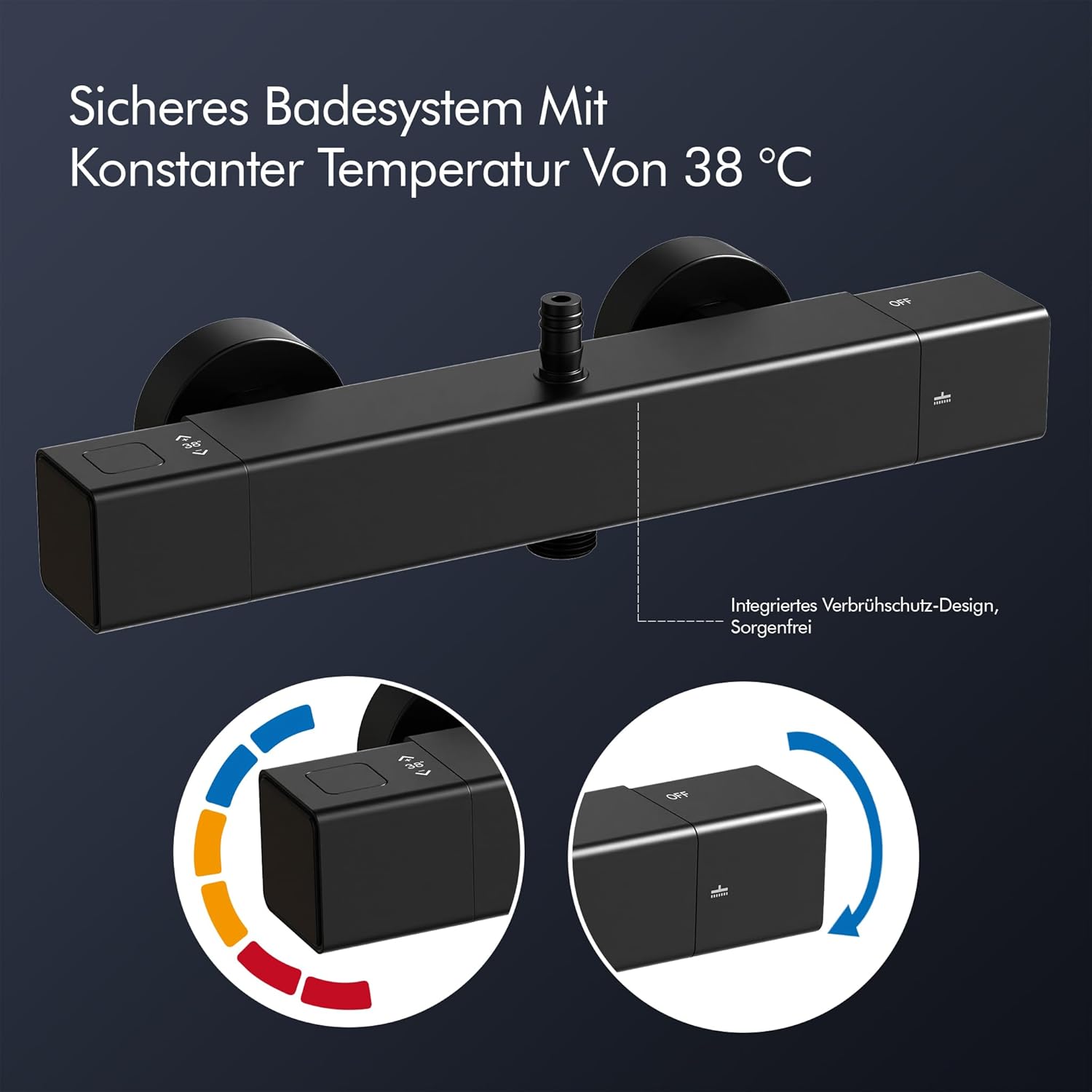 HOMELODY Shower System with Thermostat and Shower Shelf, Black, Shower Fitting, Height Adjustable, 38 °C Safety Lock