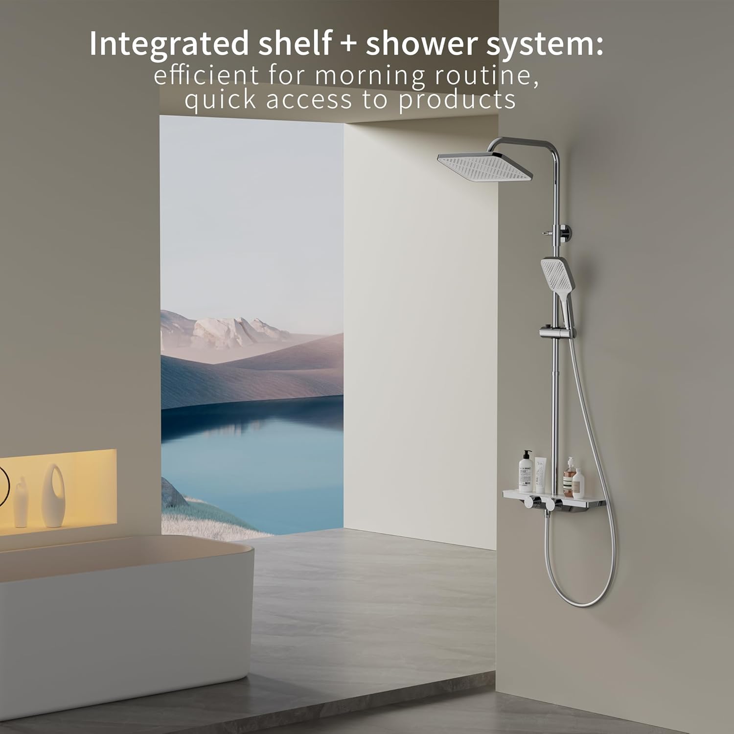 HOMELODY Shower System with Thermostat and Glass Shelf Chrome - Shower Fitting Complete Set with 30 cm, Hand Shower 3 Jet Types and Lower Spout