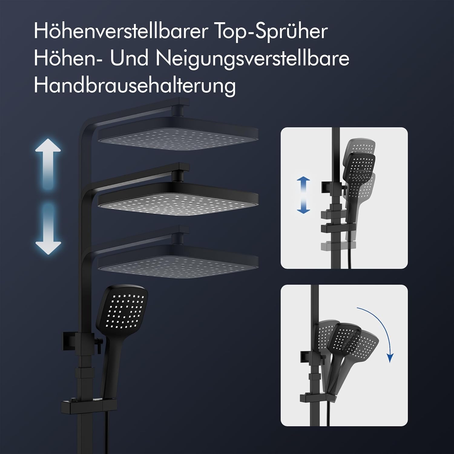 HOMELODY Shower System with Thermostat and Shower Shelf, Black, Shower Fitting, Height Adjustable, 38 °C Safety Lock