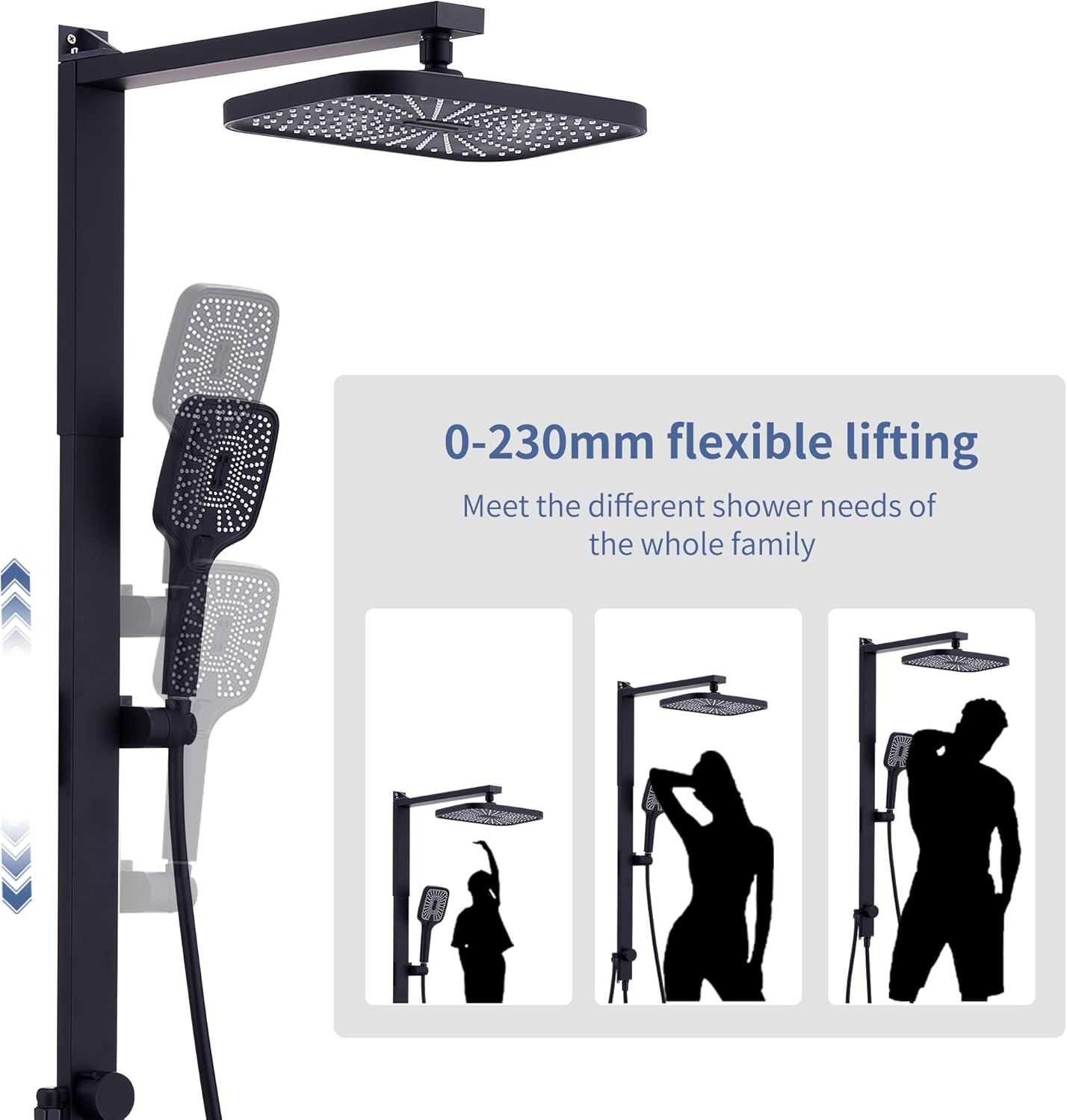 HOMELODY Rain Shower System without Fittings, Black Hand Shower with 3 Functions, Large Square Shower Head, Rainforest Shower, Height Adjustable Shower Rail from 950-1180 mm