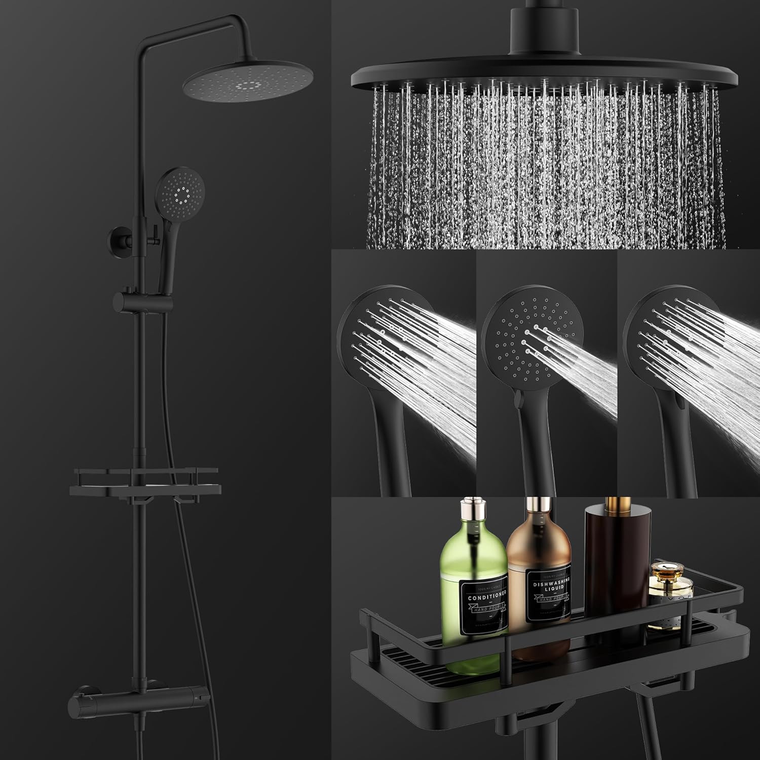 HOMELODY Shower System with Thermostat Black Shower Fitting Complete Set Round