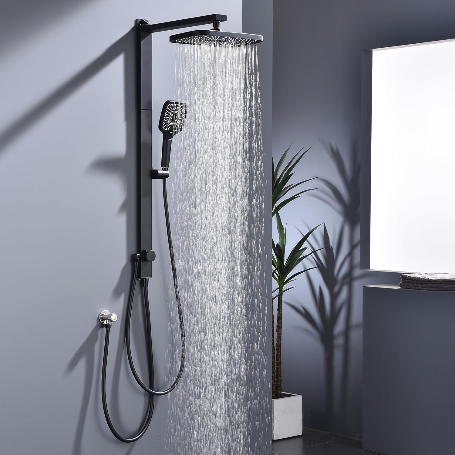HOMELODY Rain Shower System without Fittings, Black Hand Shower with 3 Functions, Large Square Shower Head, Rainforest Shower, Height Adjustable Shower Rail from 950-1180 mm