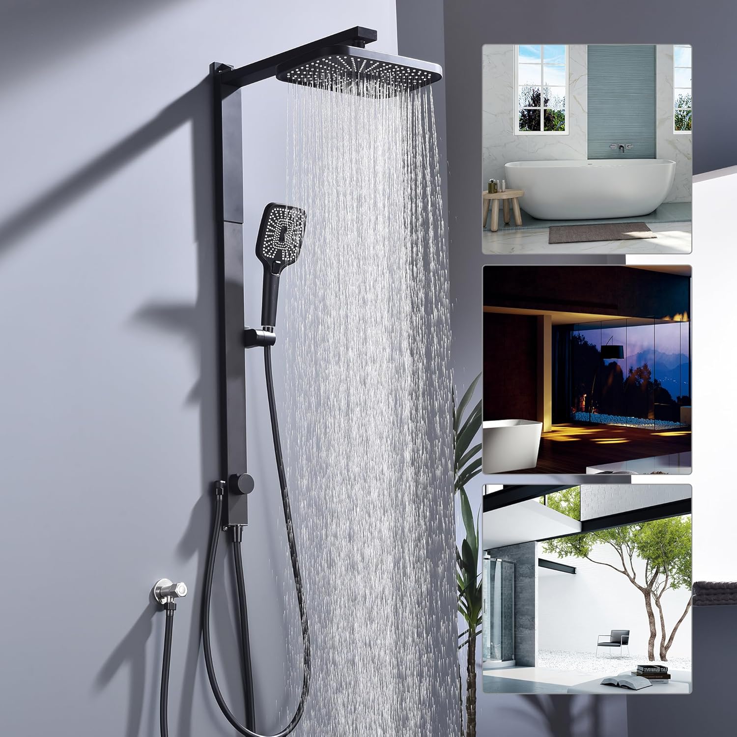 HOMELODY Rain Shower System without Fittings, Black Hand Shower with 3 Functions, Large Square Shower Head, Rainforest Shower, Height Adjustable Shower Rail from 950-1180 mm