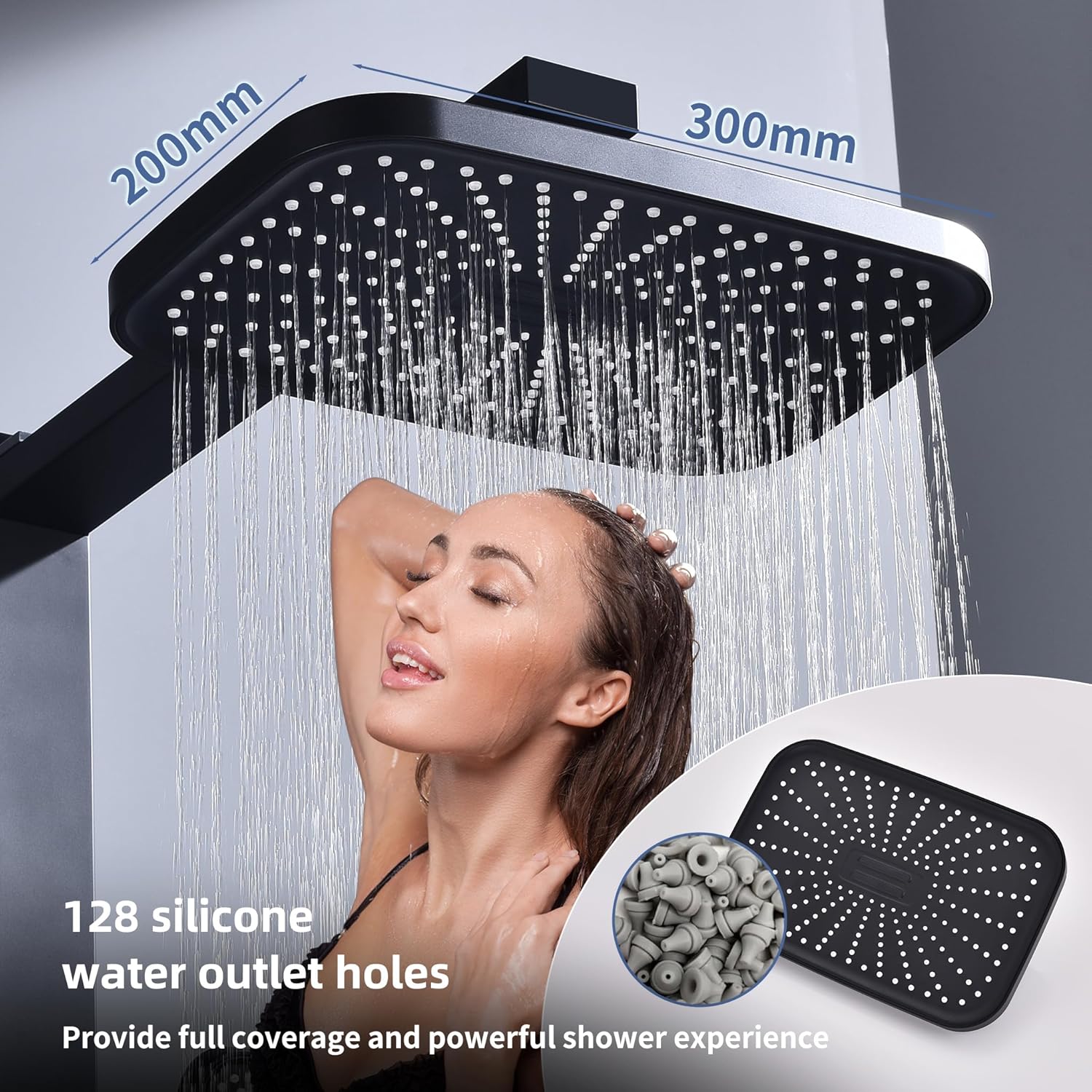 HOMELODY Rain Shower System without Fittings, Black Hand Shower with 3 Functions, Large Square Shower Head, Rainforest Shower, Height Adjustable Shower Rail from 950-1180 mm