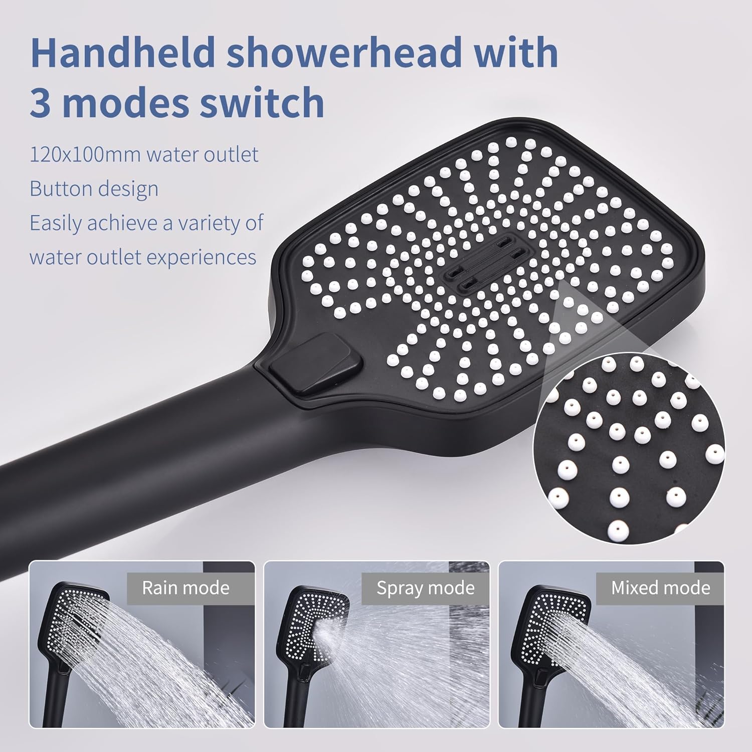 HOMELODY Rain Shower System without Fittings, Black Hand Shower with 3 Functions, Large Square Shower Head, Rainforest Shower, Height Adjustable Shower Rail from 950-1180 mm