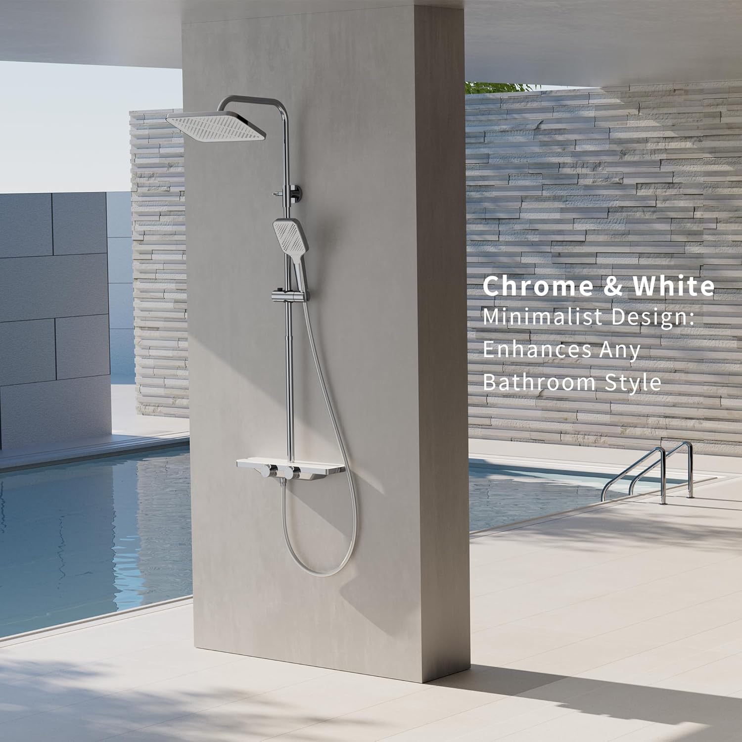 HOMELODY Shower System with Thermostat and Glass Shelf Chrome - Shower Fitting Complete Set with 30 cm, Hand Shower 3 Jet Types and Lower Spout