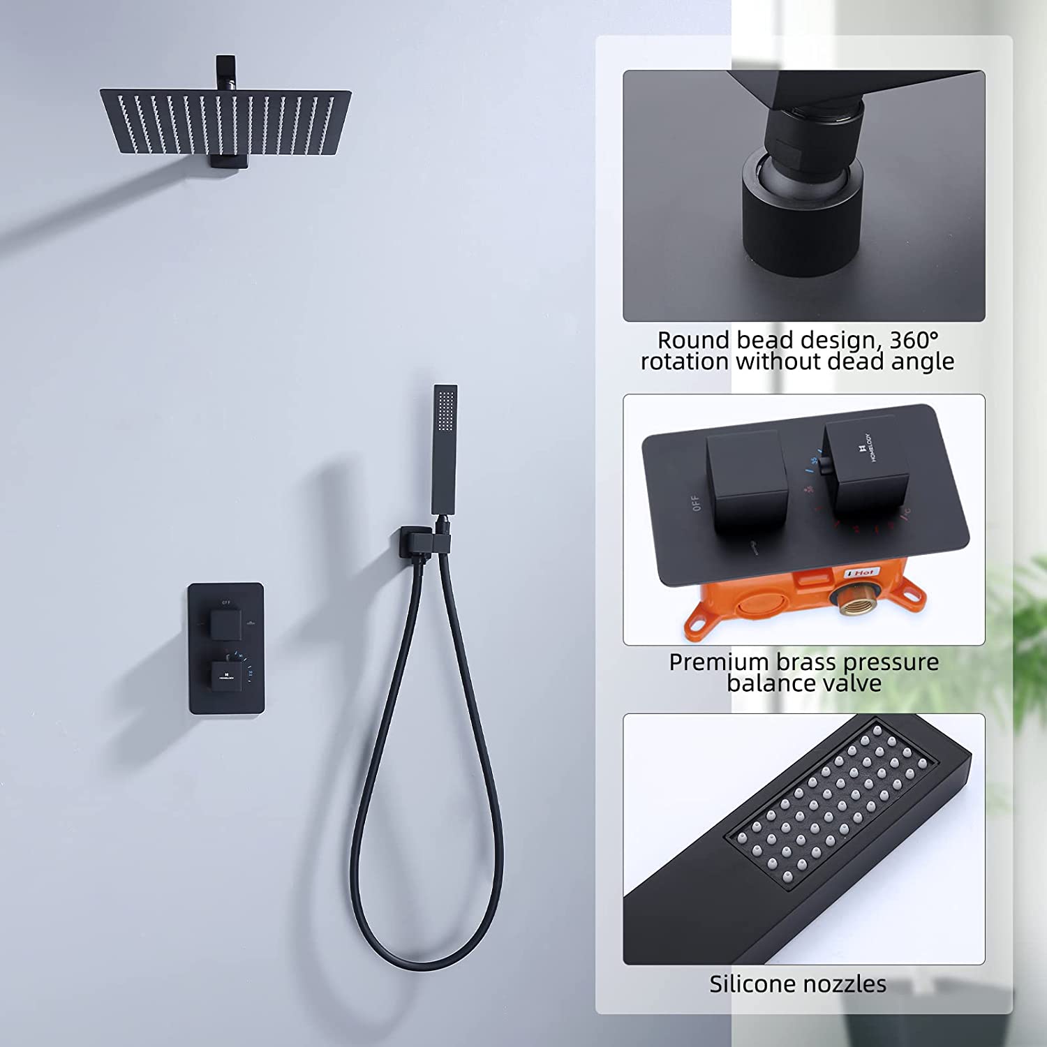 HOMELODY Black Thermostatic Rain Shower System Square Anti-Scald Recessed Shower Set