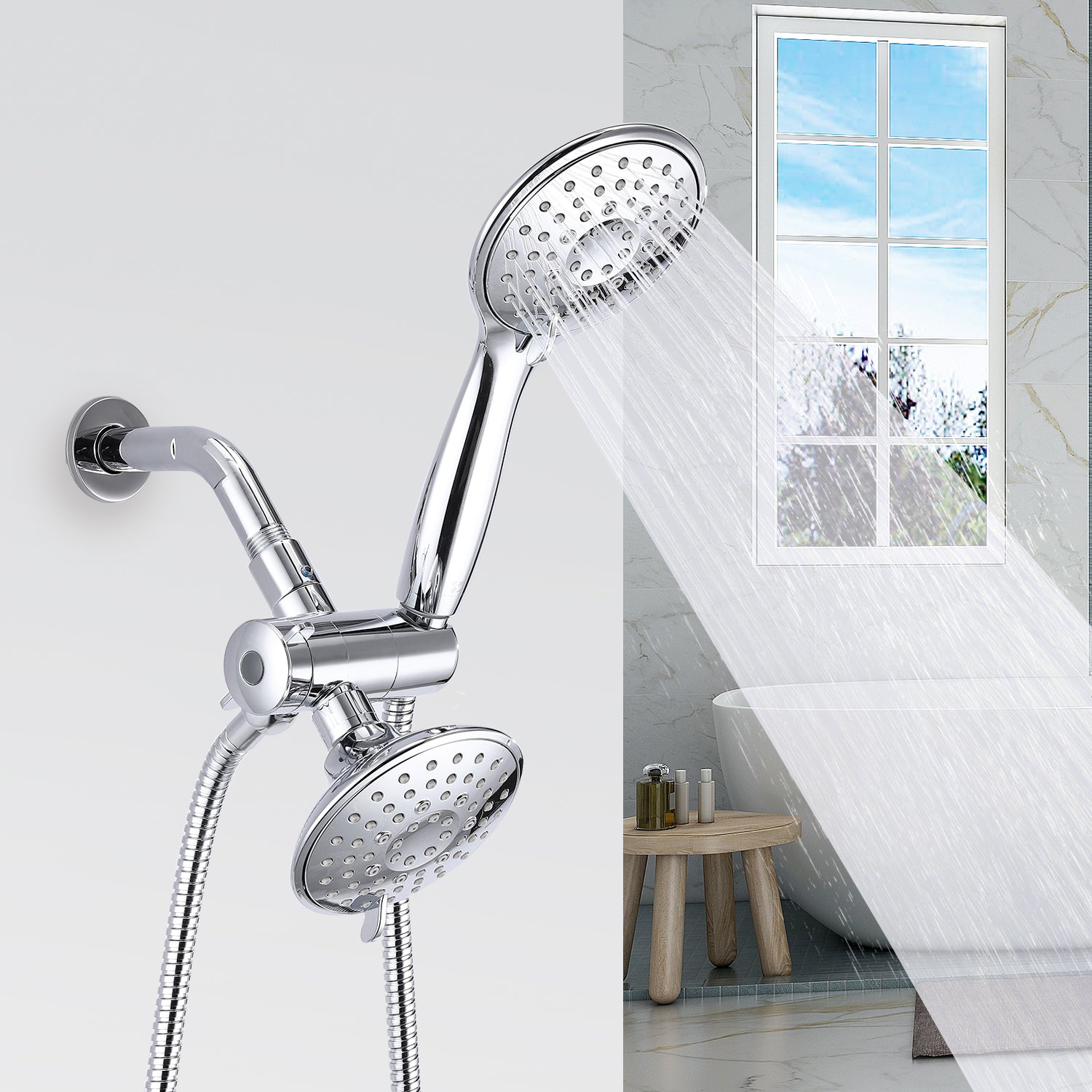 HOMELODY 5 inch Multi Setting Bathroom Rainfall Shower Head & Handheld Combo Set High Pressure Chrome