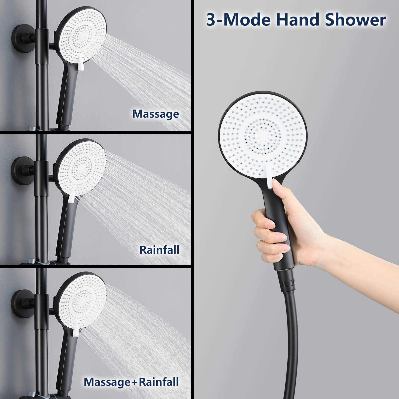Homelody black shower system with LED temperature display. Adjustable shower rod with shelf