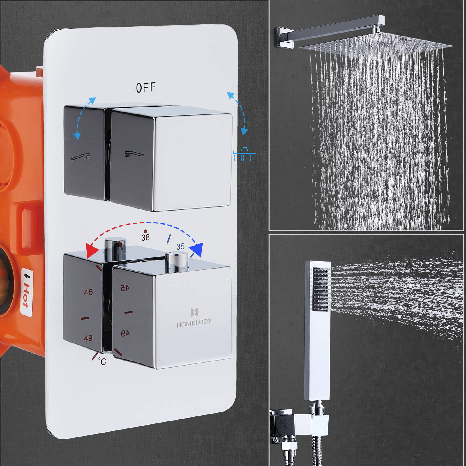 HOMELODY Thermostatic Rain Shower System Square Anti-Scald Recessed Shower Set
