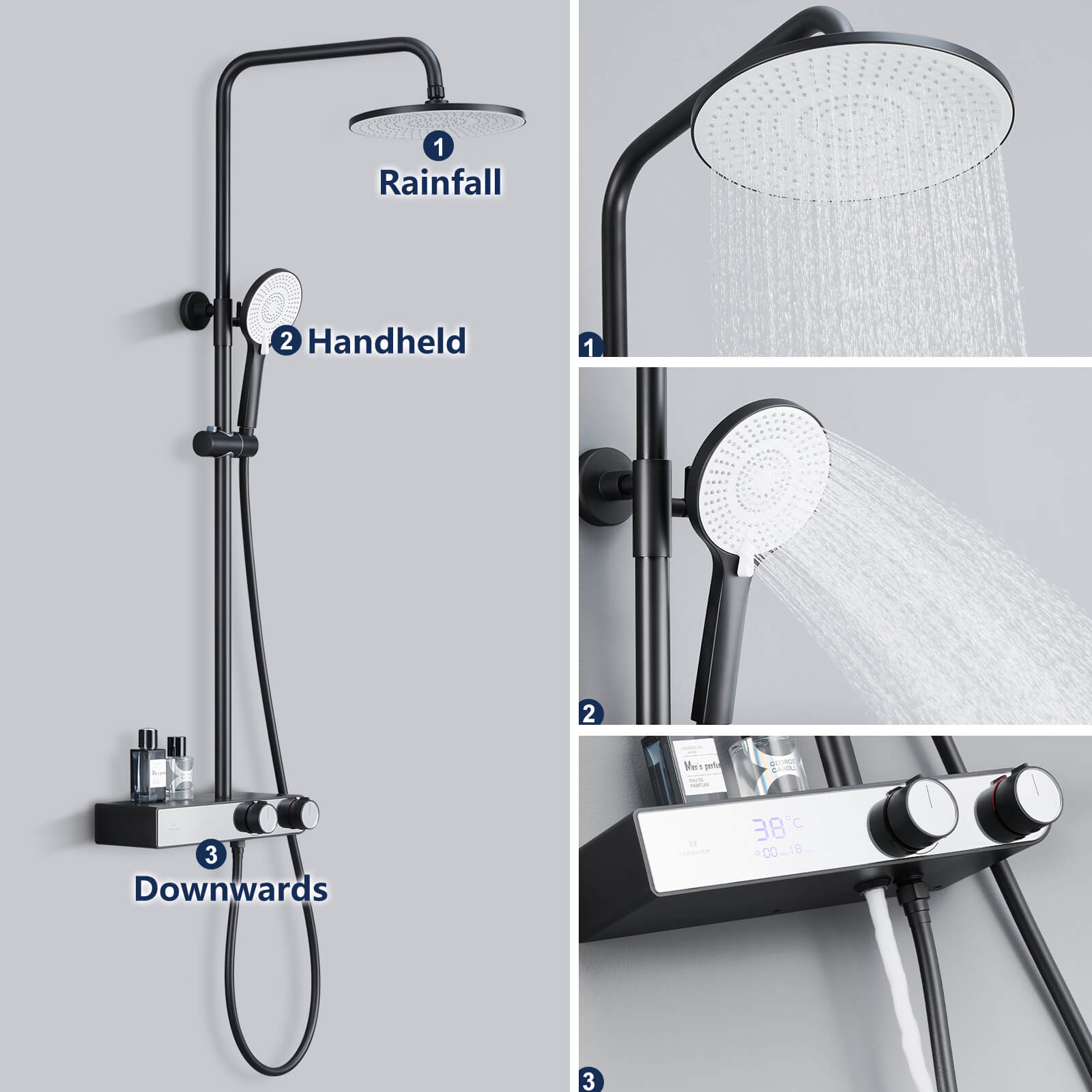 Homelody black shower system with LED temperature display. Adjustable shower rod with shelf