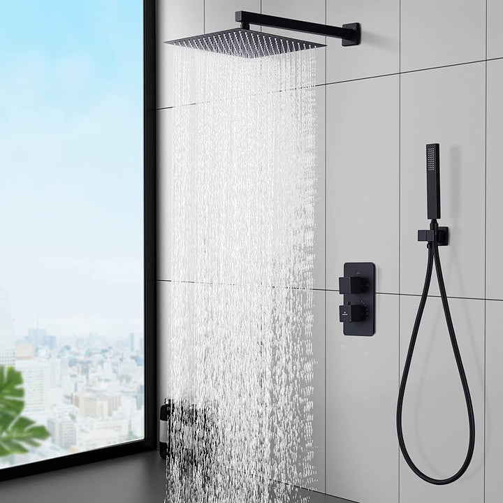 HOMELODY Black Thermostatic Rain Shower System Square Anti-Scald Recessed Shower Set