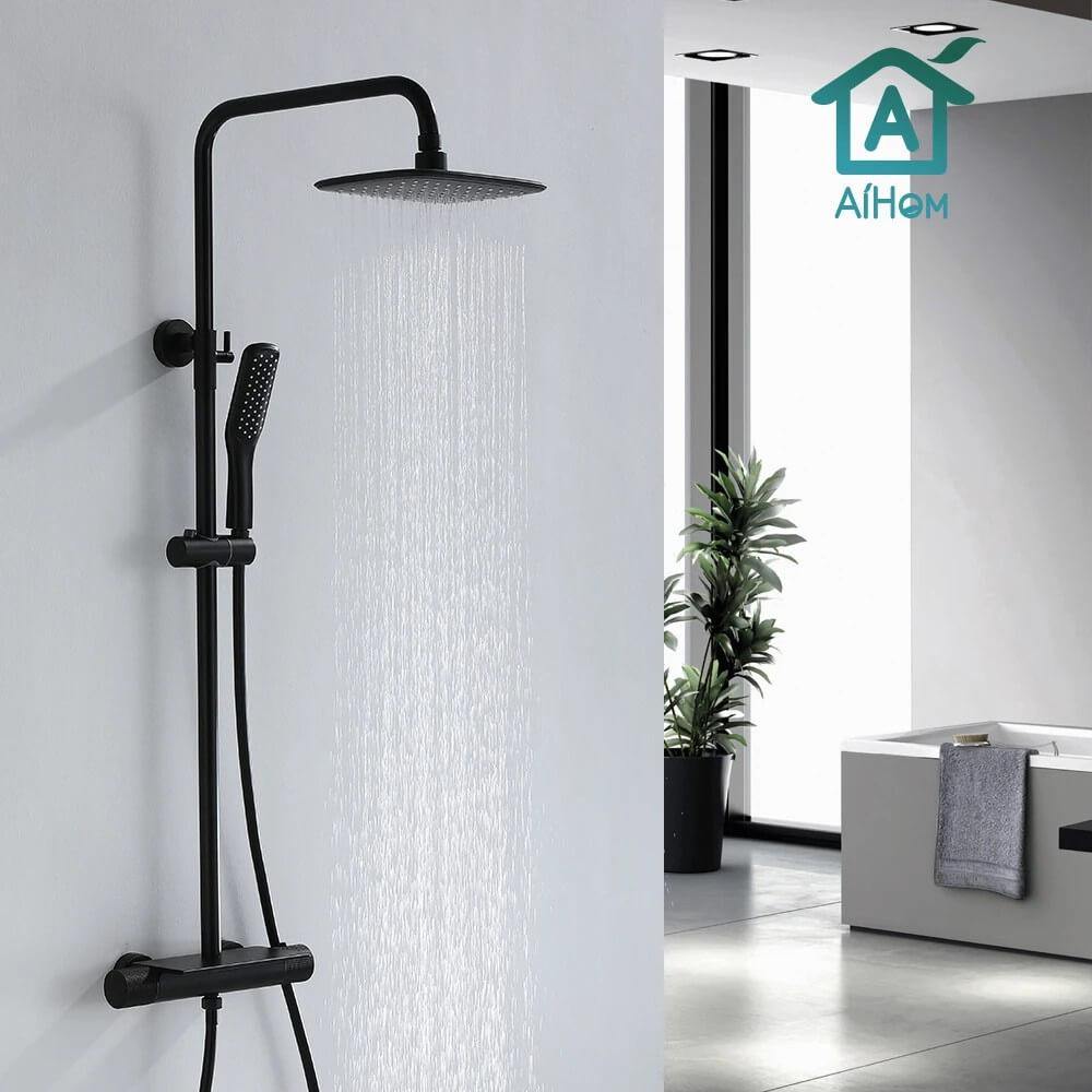 AiHom Thermostatic Black Shower Mixer System Set 38℃ with Shelf