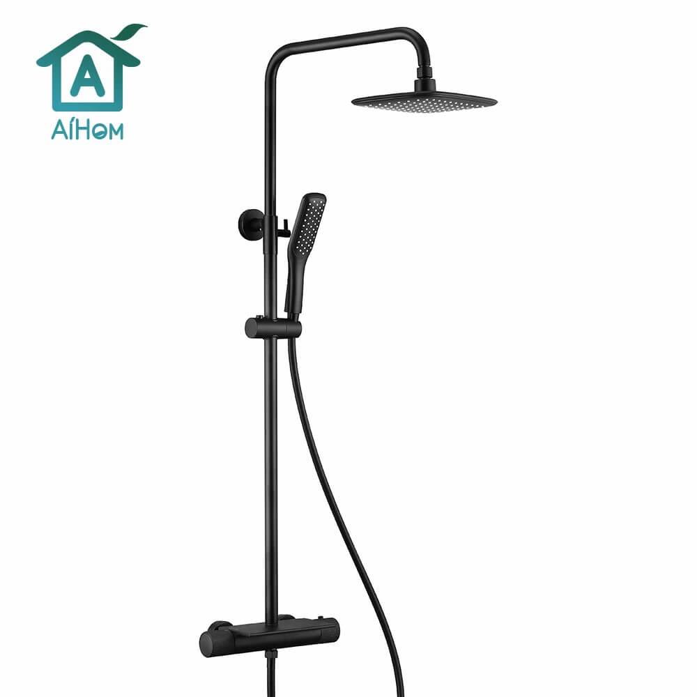 AiHom Thermostatic Black Shower Mixer System Set 38℃ with Shelf