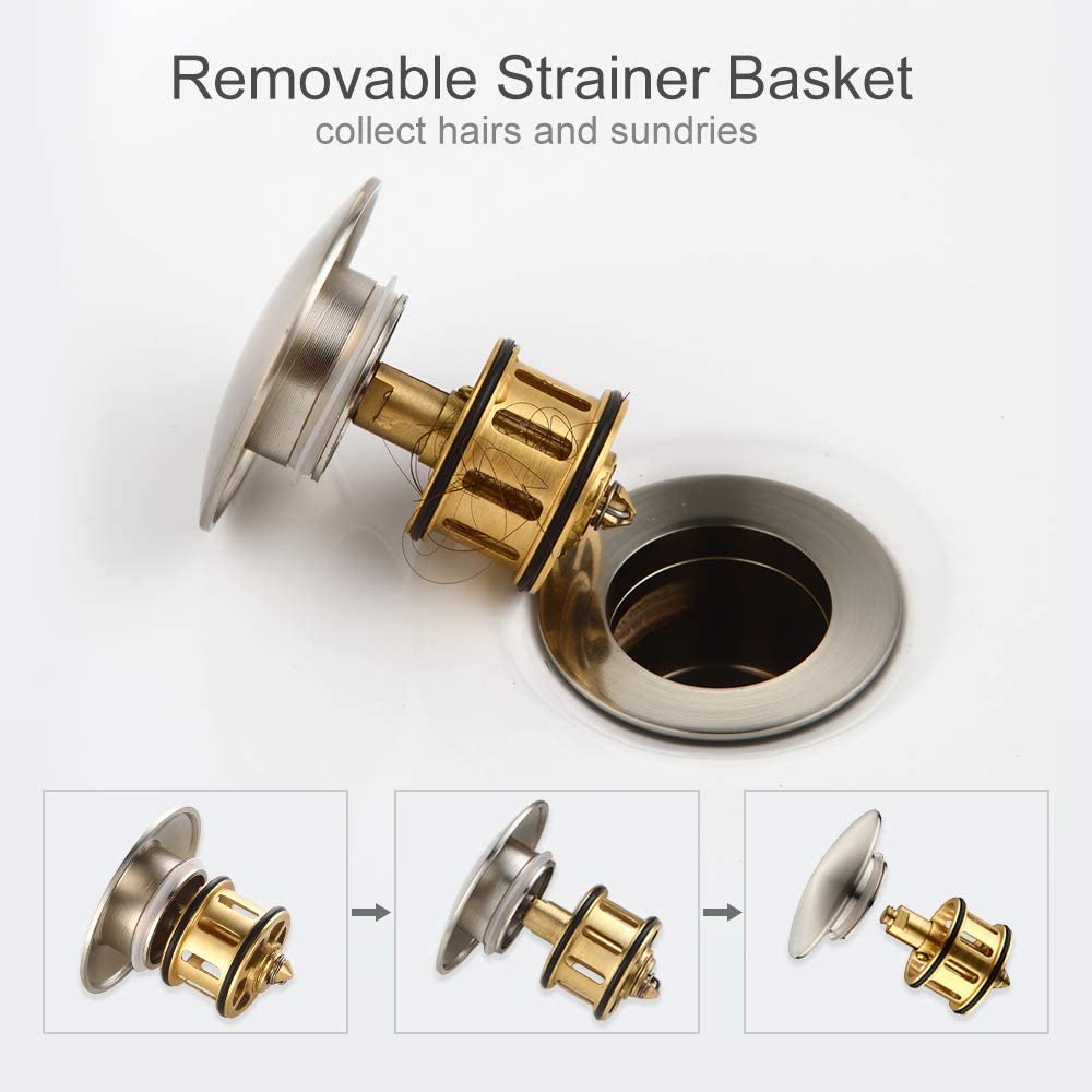 HOMELODY 1 5/8" Bathroom Sink Drain with Removable Brass Strainer Basket, Brushed Nickel - Homelody