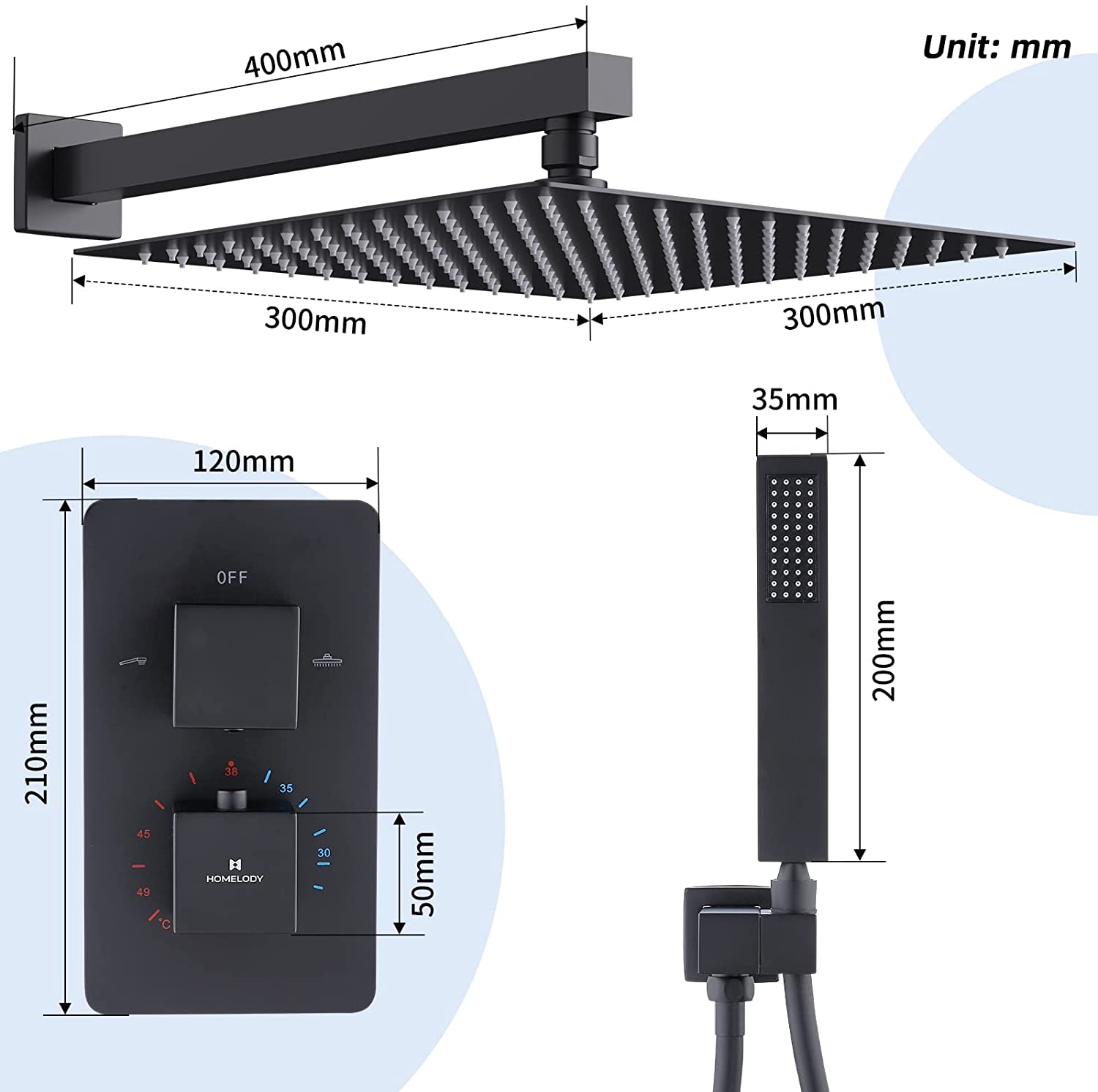 HOMELODY Black Thermostatic Rain Shower System Square Anti-Scald Recessed Shower Set