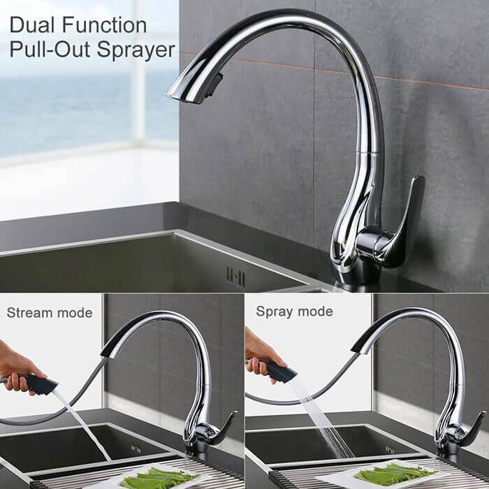 Homelody 2-Function Kitchen Faucet with 360° Swivel Spout and 2 Jets with Pull-Out Spray Head and Variable Flow - Homelody