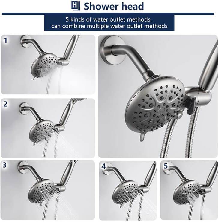 Homelody 5" High Pressure Rainfall Shower Combo,6-Setting Rain Shower Head&Handheld Shower Head, Brushed Nickel - Homelody