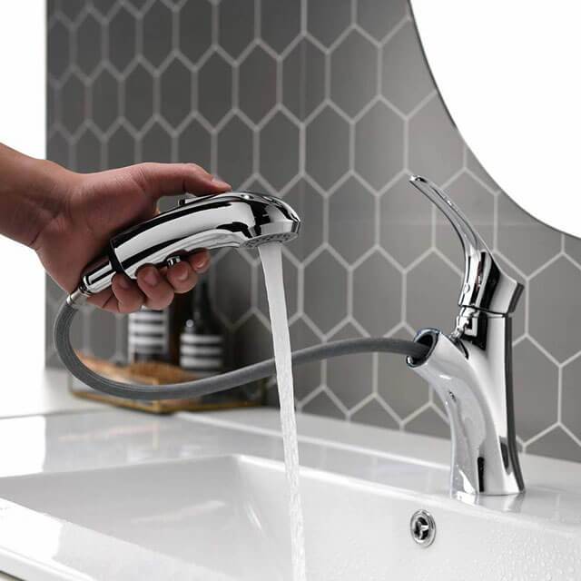 Single lever switch controls spray mode modern pull-out bathroom faucet with shower - Homelody