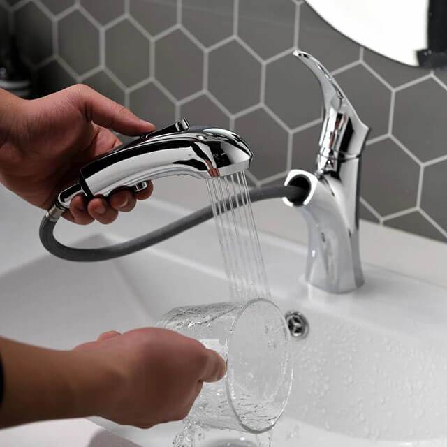 Single lever switch controls spray mode modern pull-out bathroom faucet with shower - Homelody